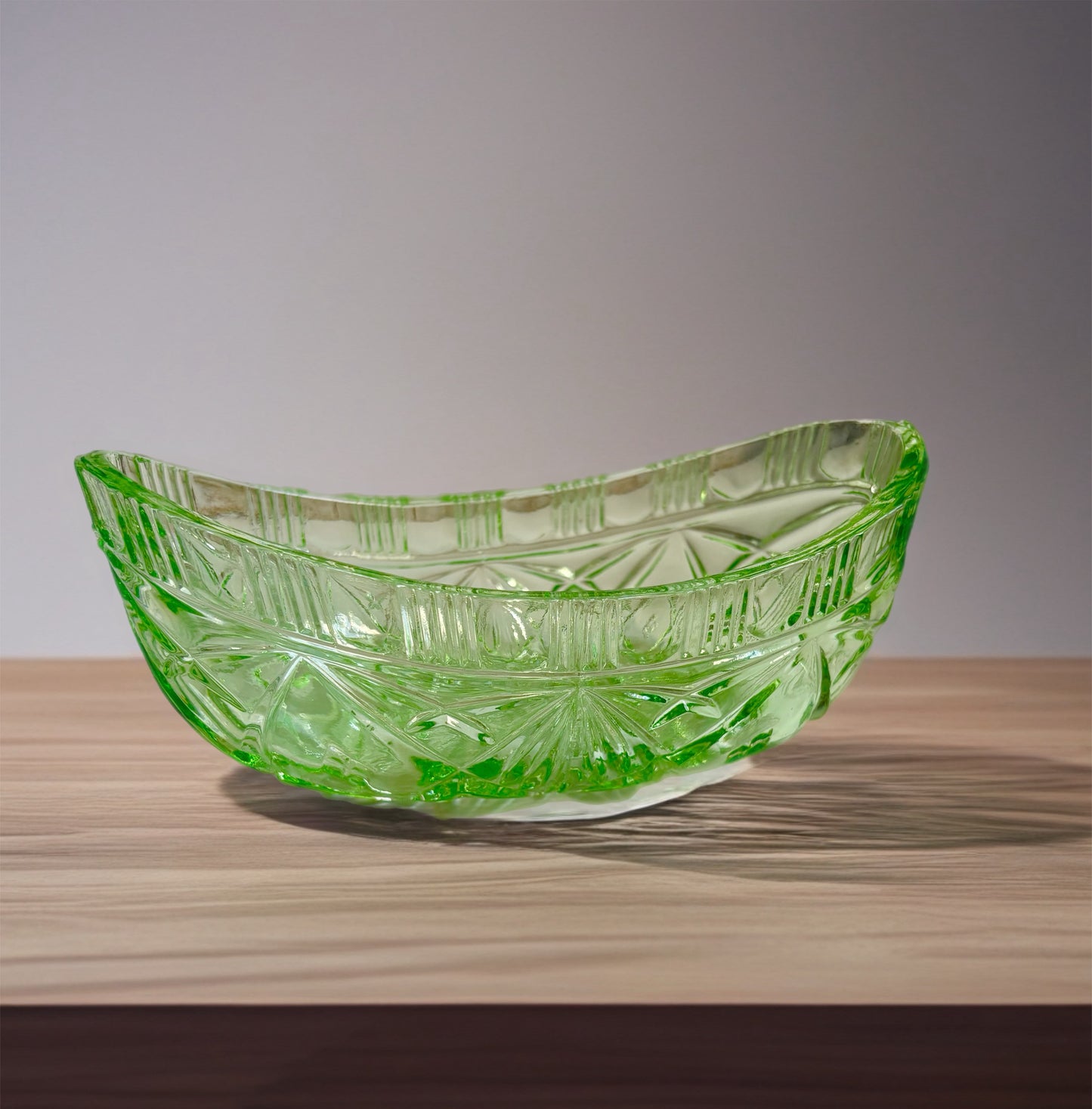 Sowerby Pressed Green Glass Boat Shaped Bowl