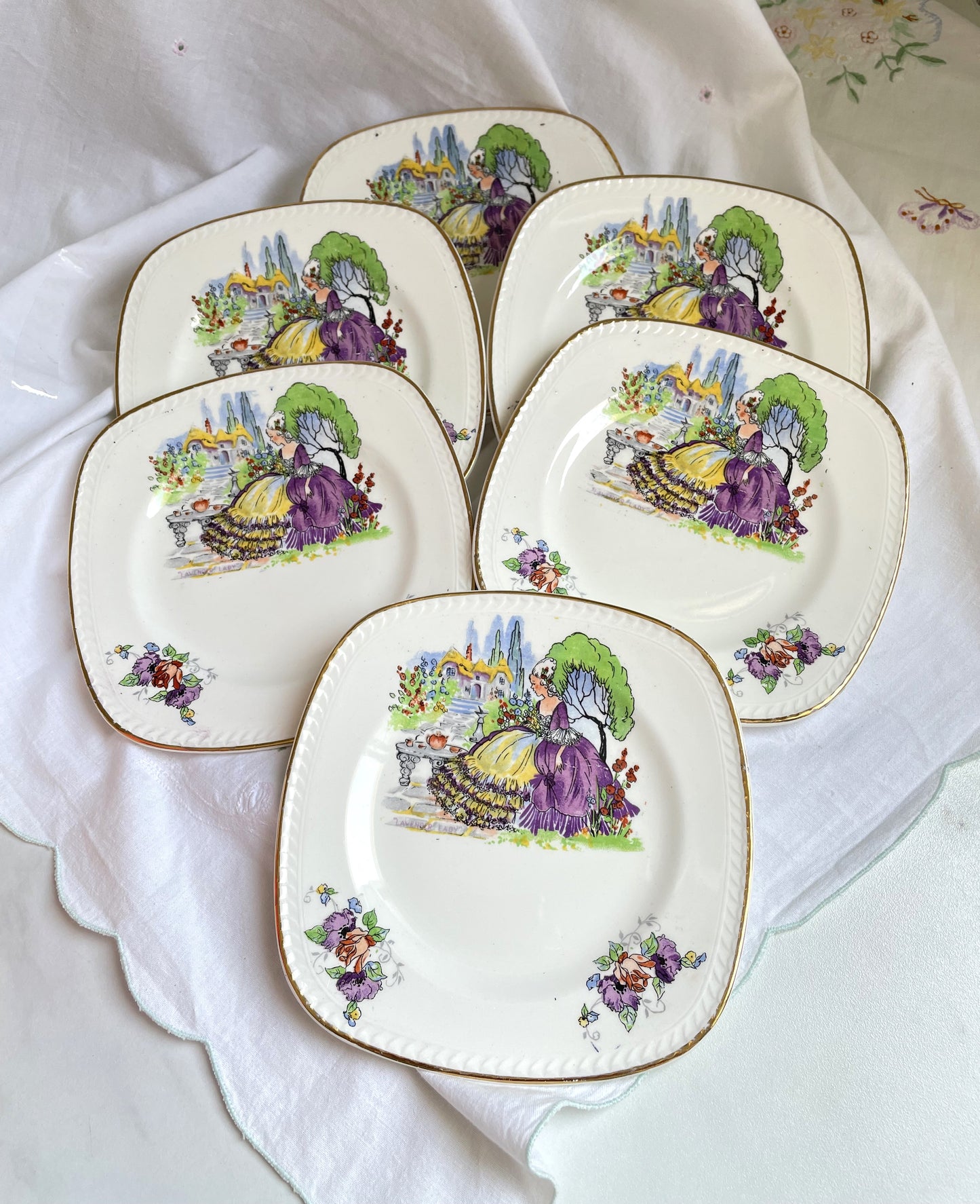 Set of Six Vintage Lavender Lady Tea Plates