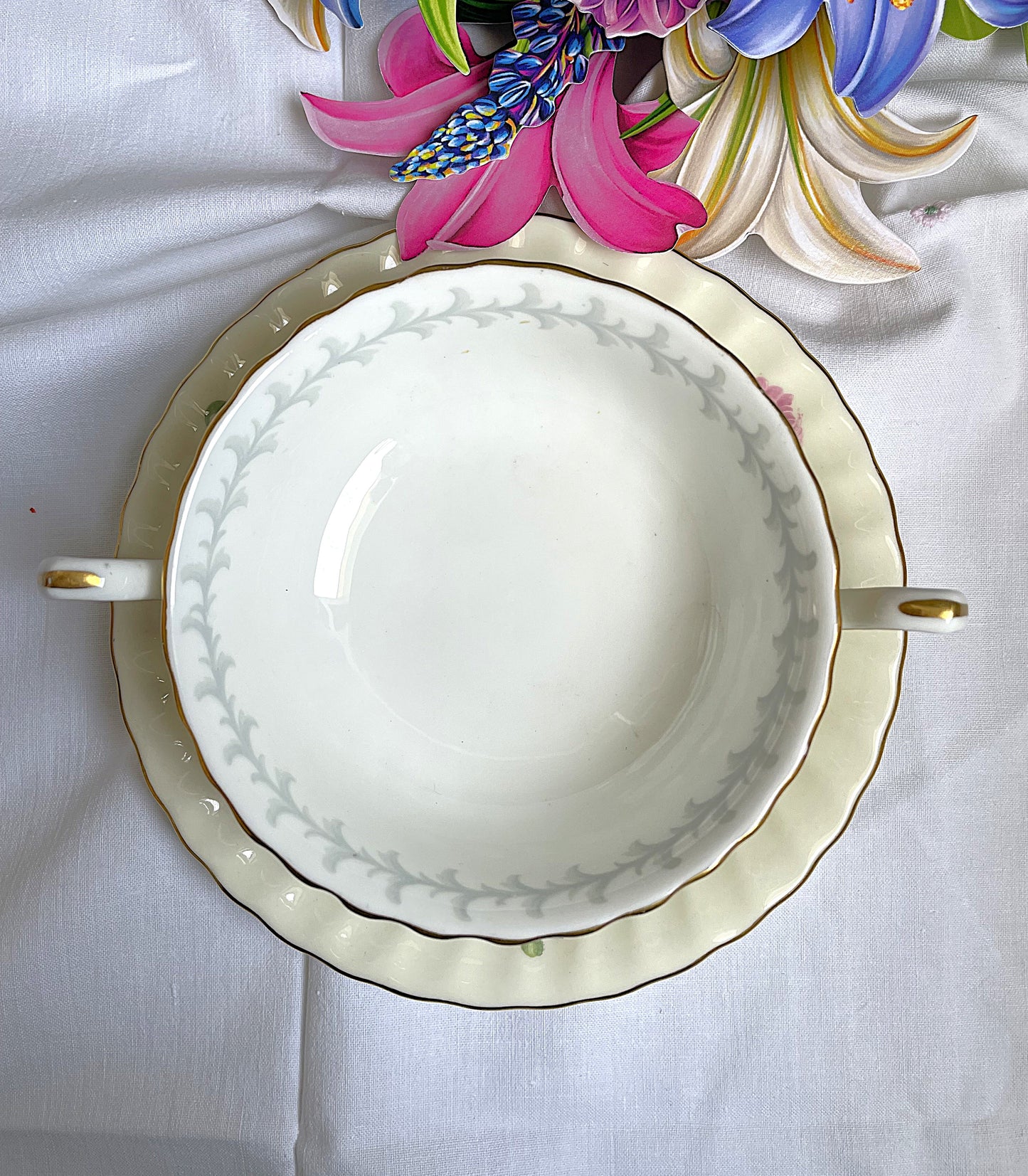 A Pair of Vintage Elegant Mintons Soup Bowls With Saucers