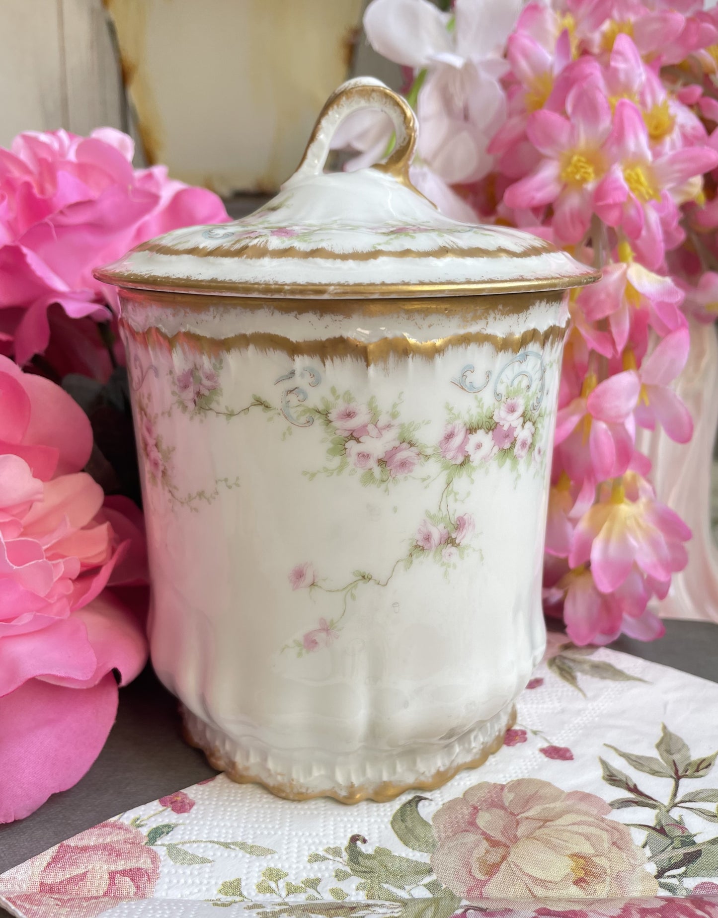Pretty Antique French Limoges Roses Lidded Pot