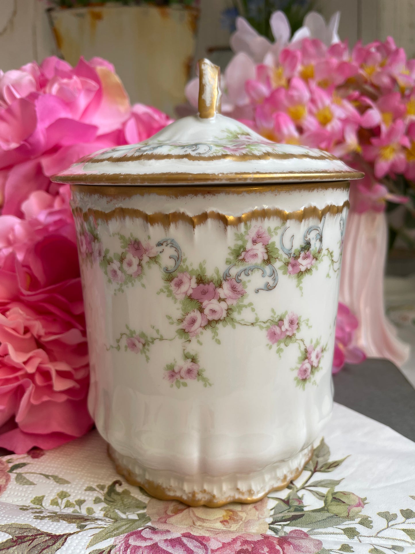 Pretty Antique French Limoges Roses Lidded Pot