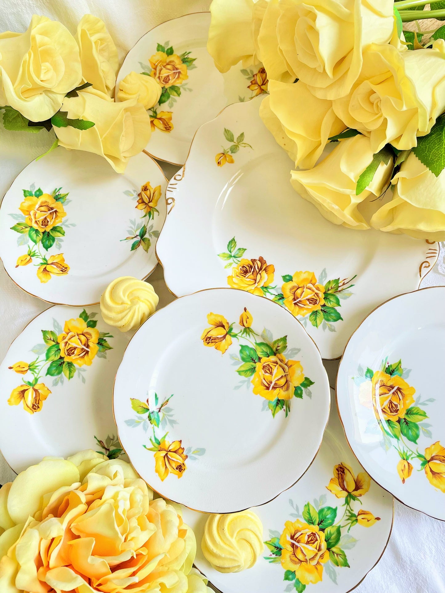 Set of Seven Vintage Royal Stafford Yellow Roses Plates