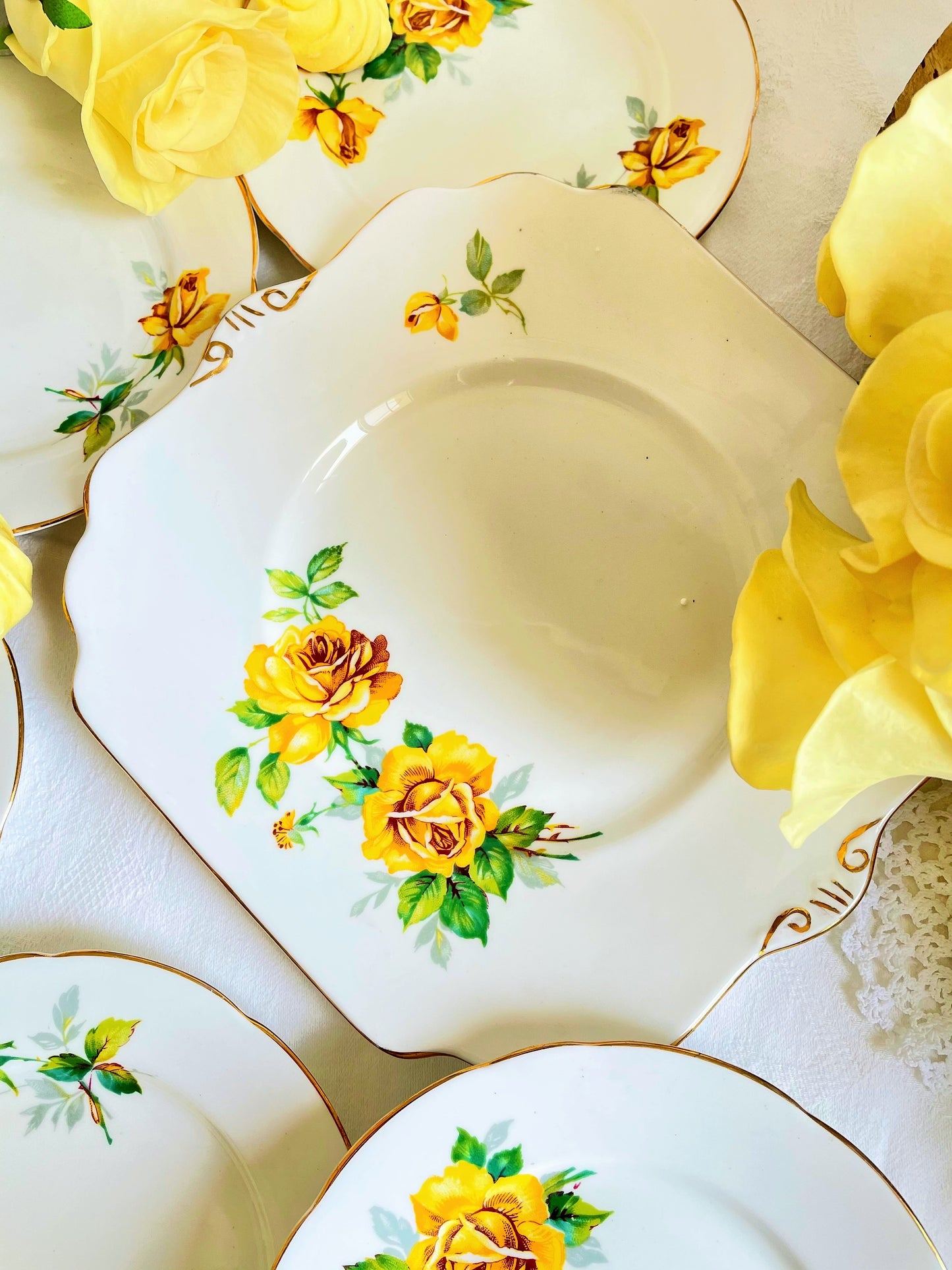 Set of Seven Vintage Royal Stafford Yellow Roses Plates