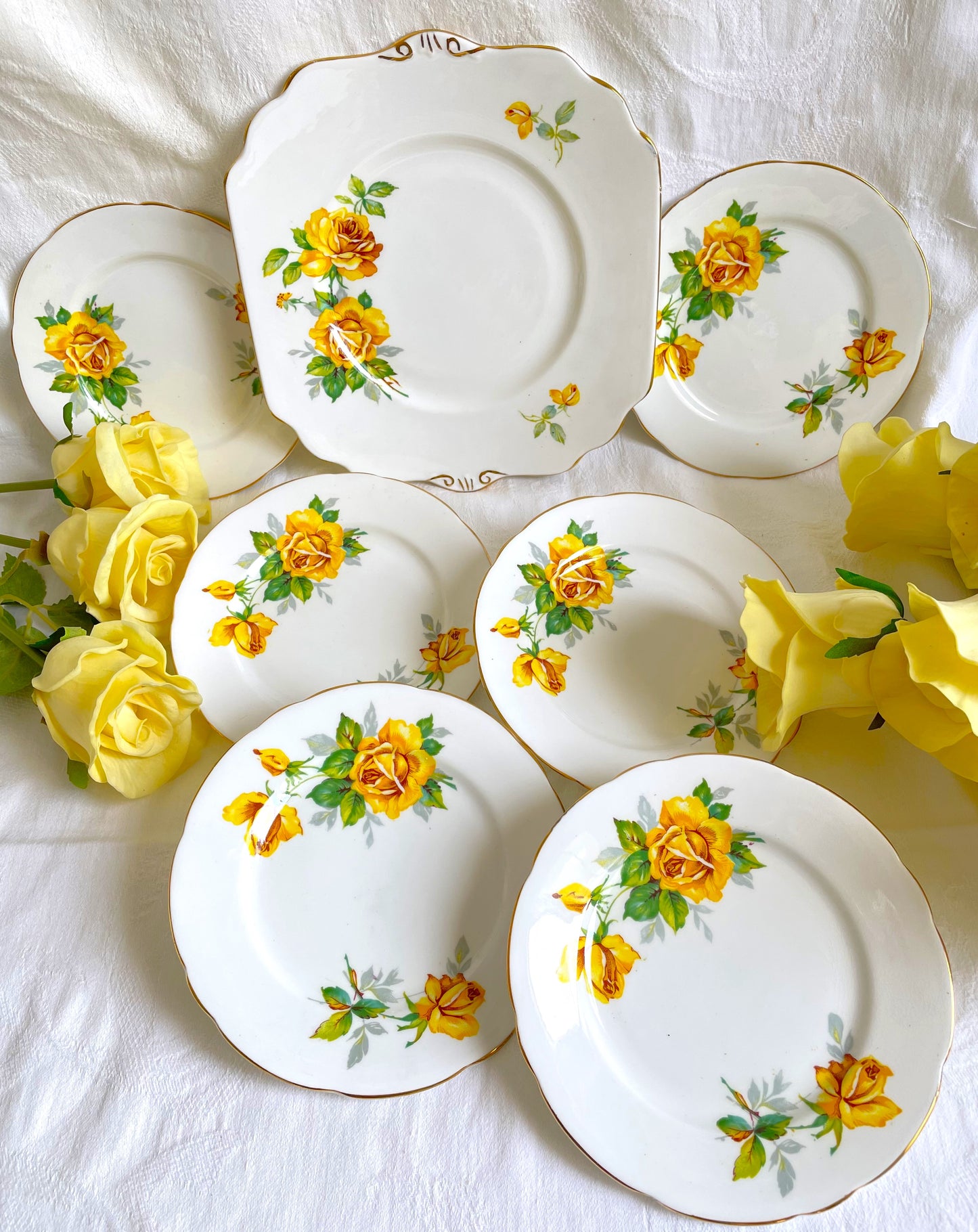 Set of Seven Vintage Royal Stafford Yellow Roses Plates