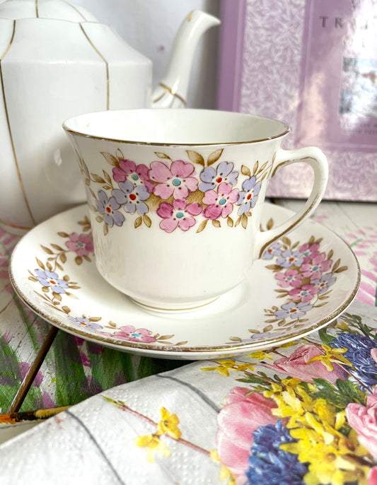 Pretty Vintage Hand Painted Tuscan China Teacup and Saucer Duo