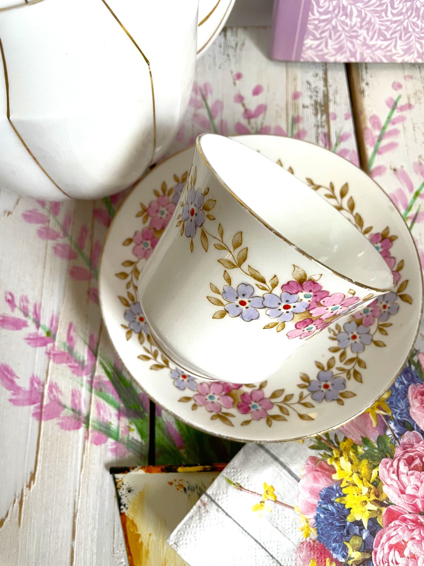 Pretty Vintage Hand Painted Tuscan China Teacup and Saucer Duo