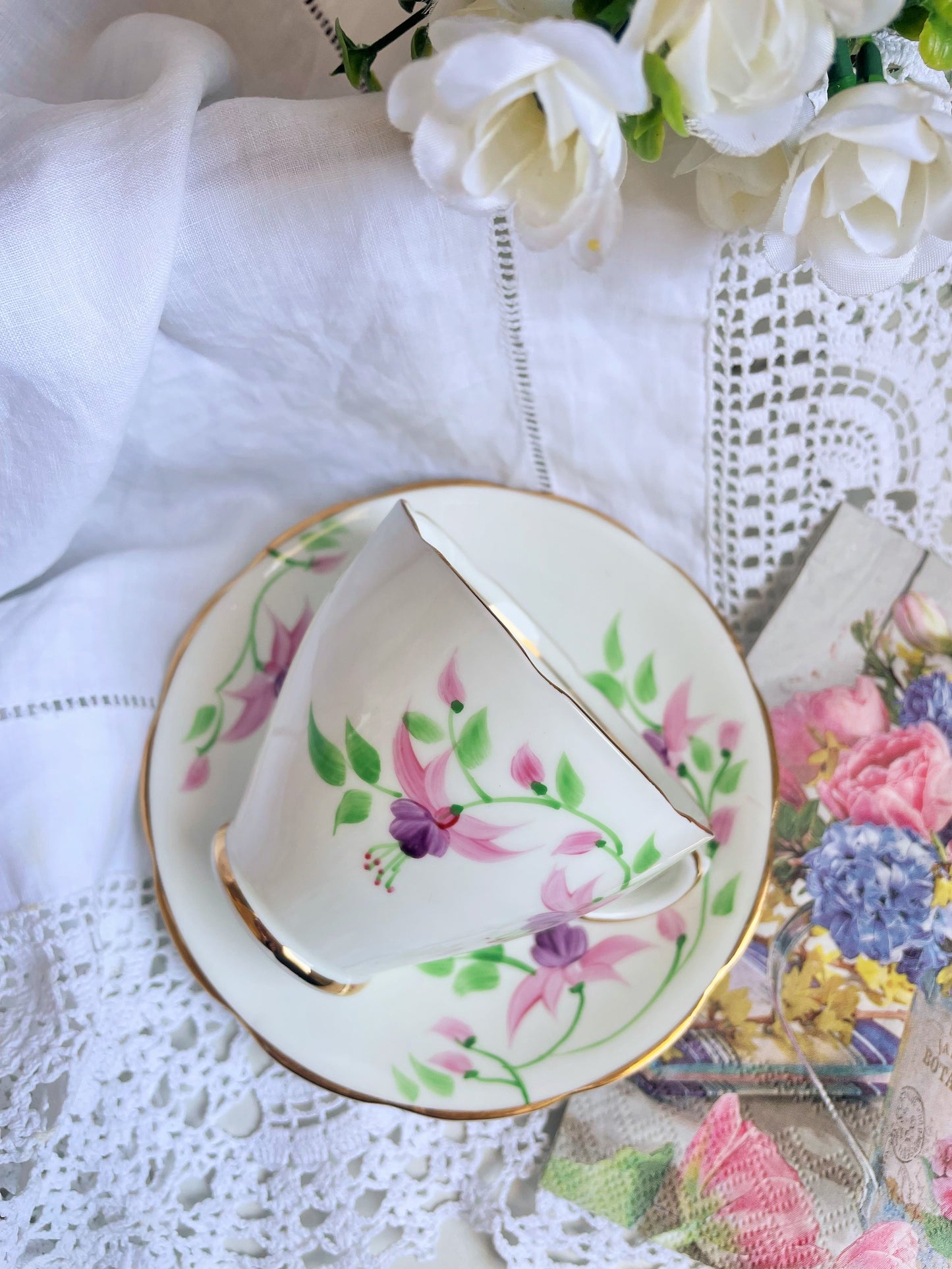 Hand Painted Phoenix Teacup and Saucer Duo