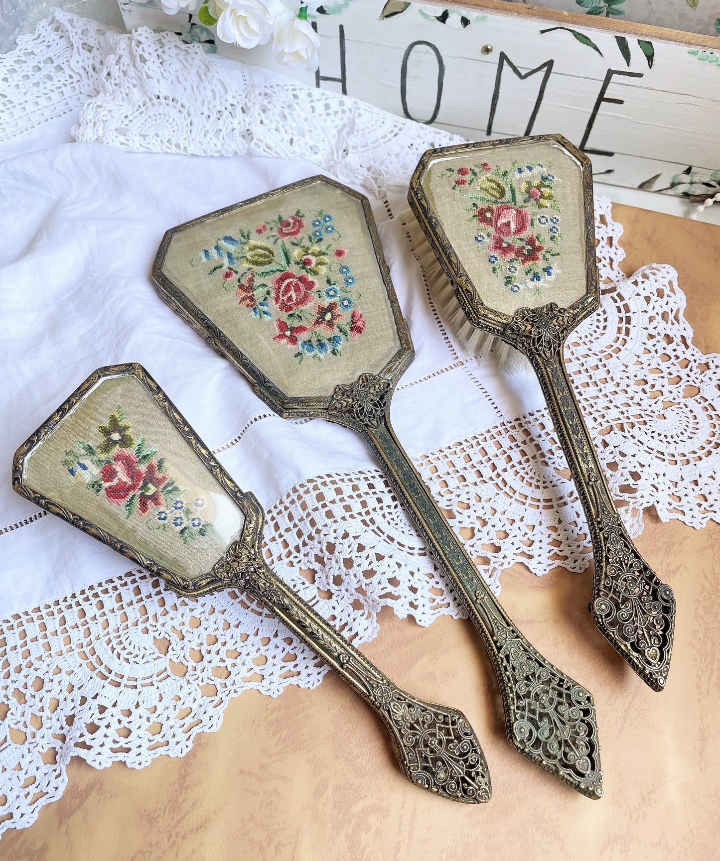 Vintage Lady's Vanity Hand Mirror and Brush Set