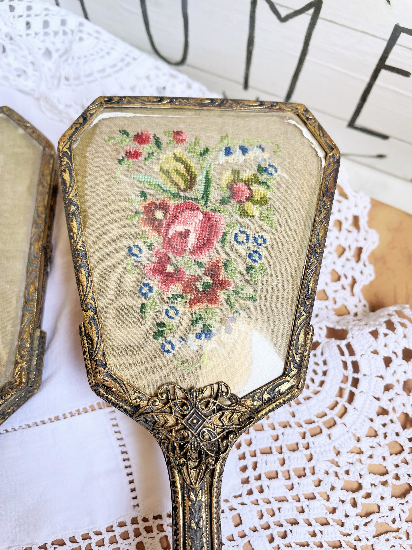 Vintage Lady's Vanity Hand Mirror and Brush Set