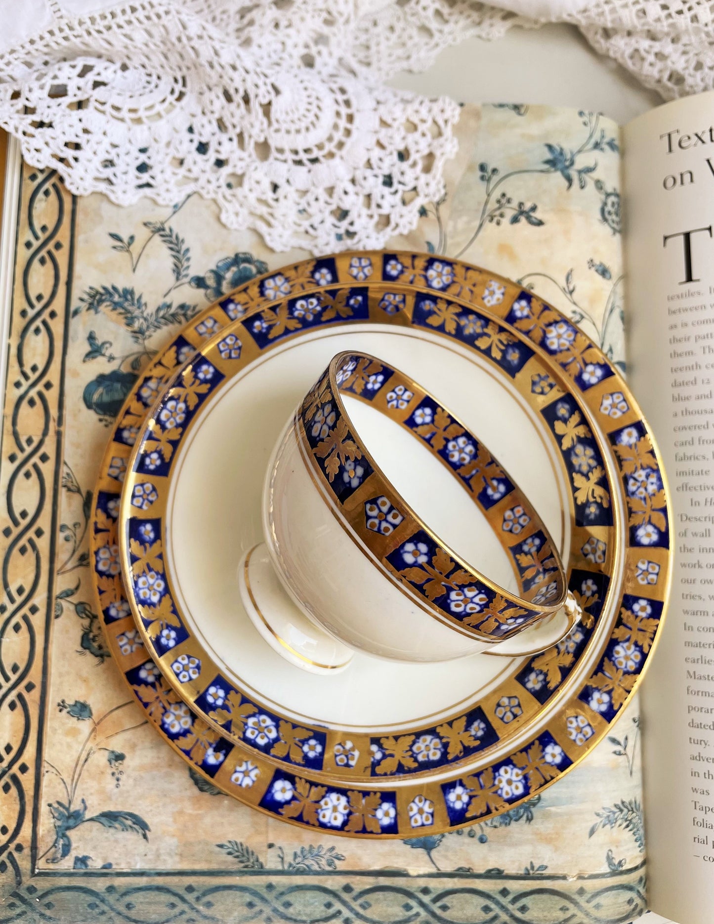 Antique Diamond China Teacup, Saucer and Tea Plate Trio