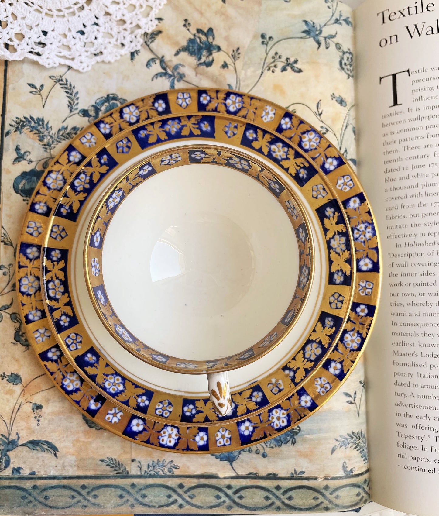 Antique Diamond China Teacup, Saucer and Tea Plate Trio