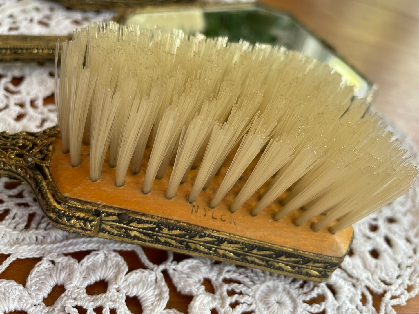 Vintage Lady's Vanity Hand Mirror and Brush Set