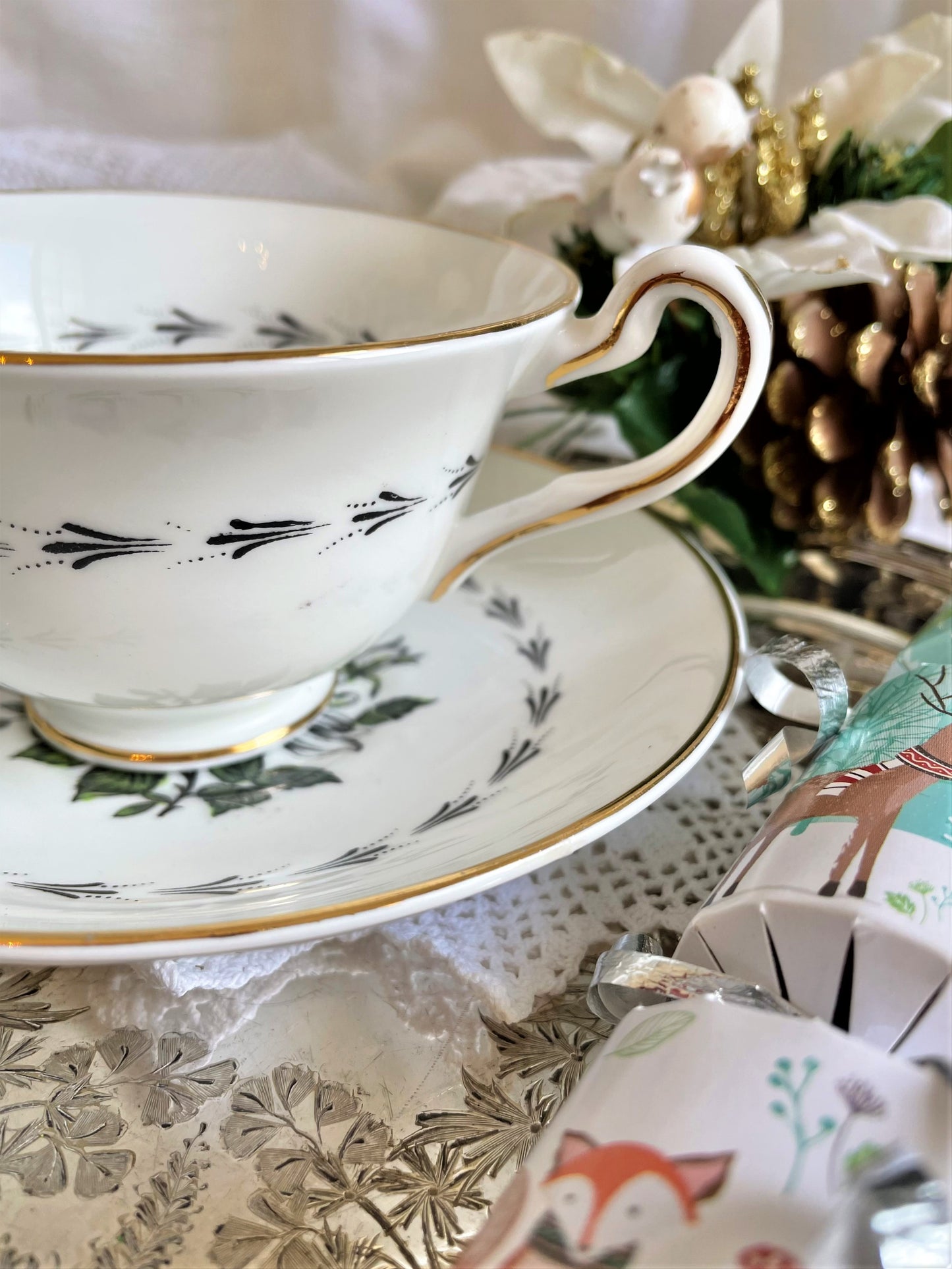 Vintage Winter Rose Teacup and Saucer Duo