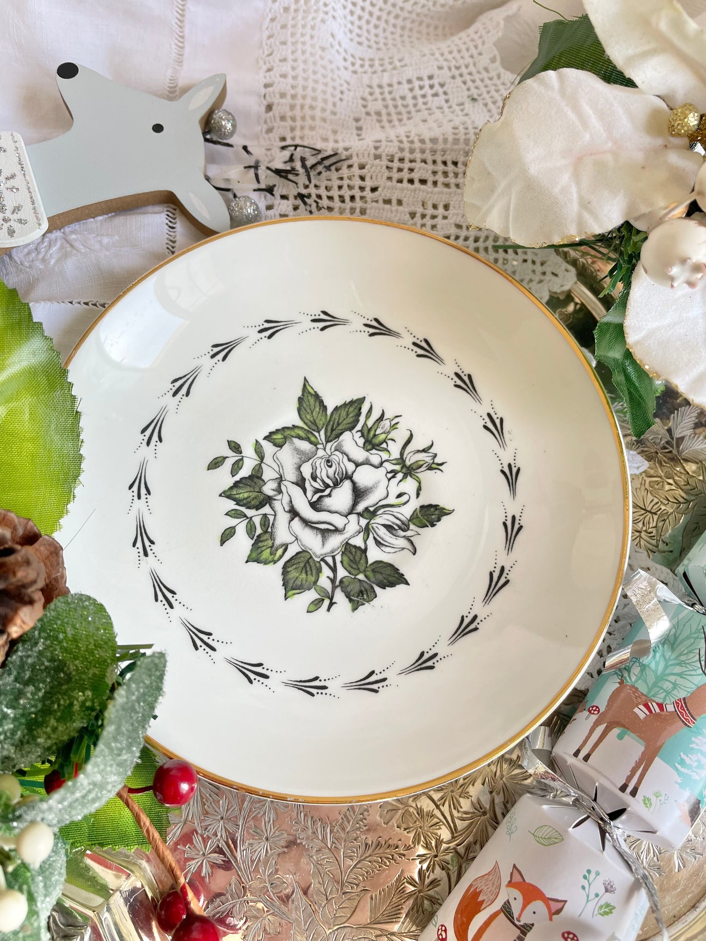 Vintage Winter Rose Teacup and Saucer Duo