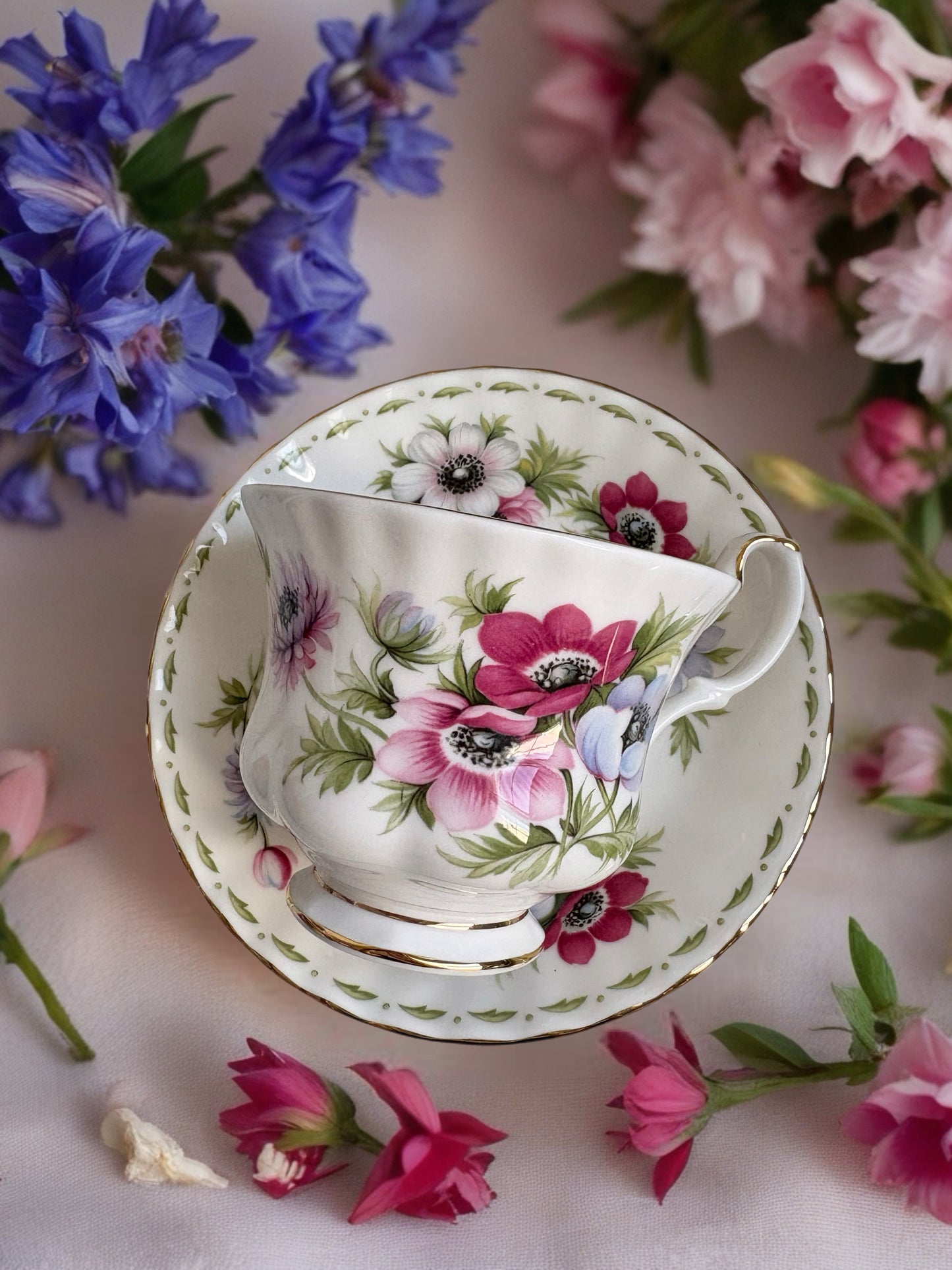 Royal Albert March "Anemones" Flower of the Month Teacup and Saucer Duo