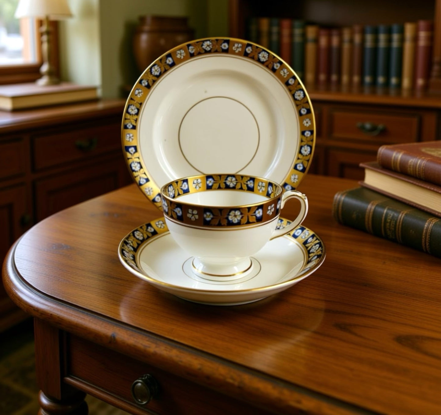 Antique Diamond China Teacup, Saucer and Tea Plate Trio