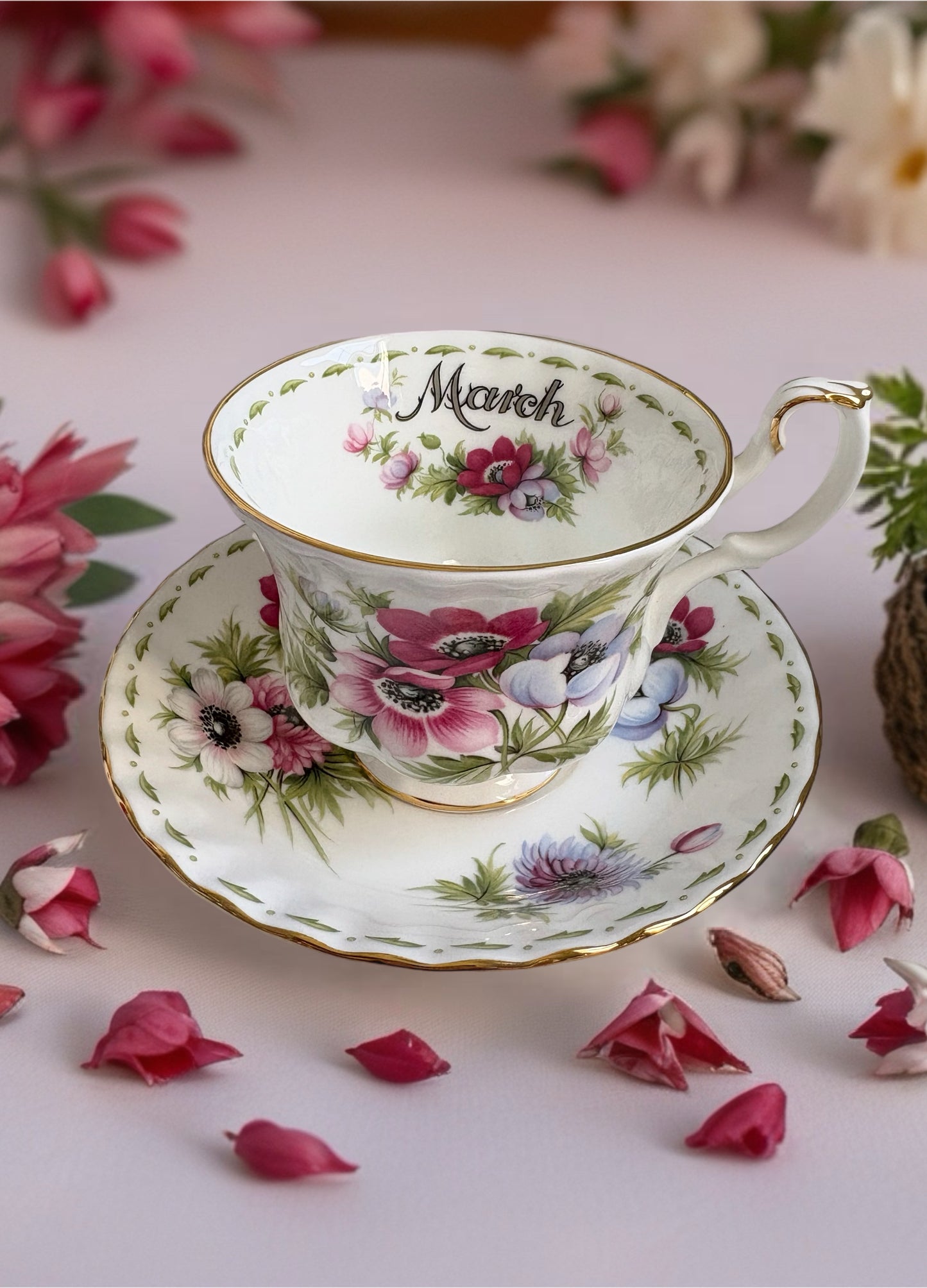 Royal Albert March "Anemones" Flower of the Month Teacup and Saucer Duo