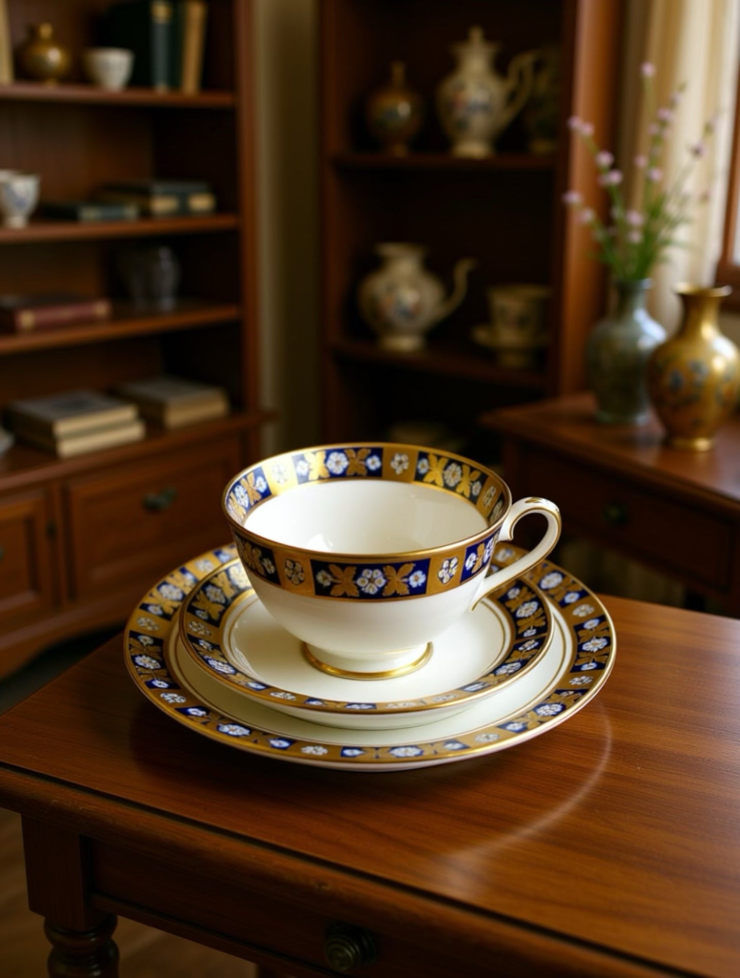Antique Diamond China Teacup, Saucer and Tea Plate Trio