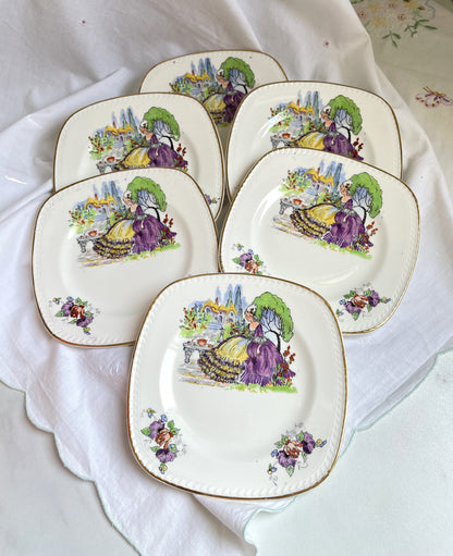 Set of Six Vintage Lavender Lady Tea Plates