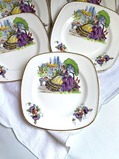 Set of Six Vintage Lavender Lady Tea Plates
