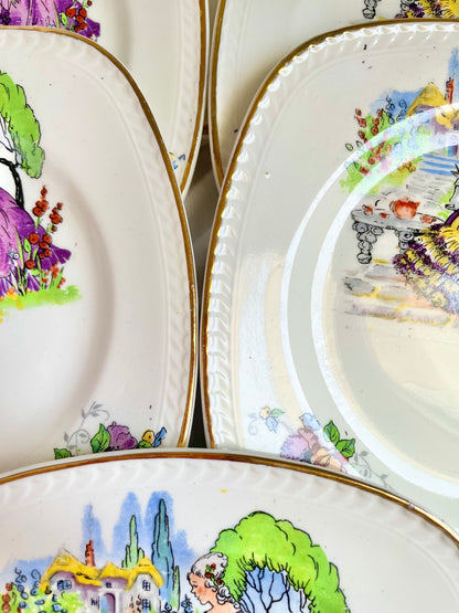 Set of Six Vintage Lavender Lady Tea Plates
