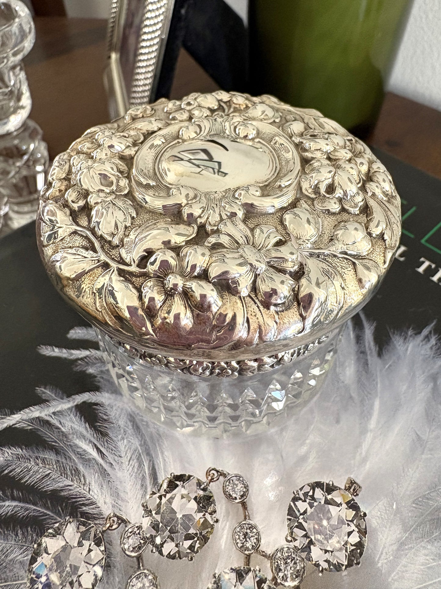 Antique Sterling Silver Lidded Cut Glass Pot