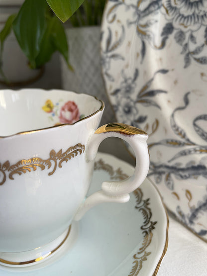 Vintage Crown Staffordshire Duck Egg Blue Teacup and Saucer Duo