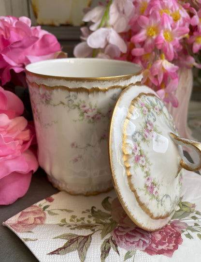 Pretty Antique French Limoges Roses Lidded Pot