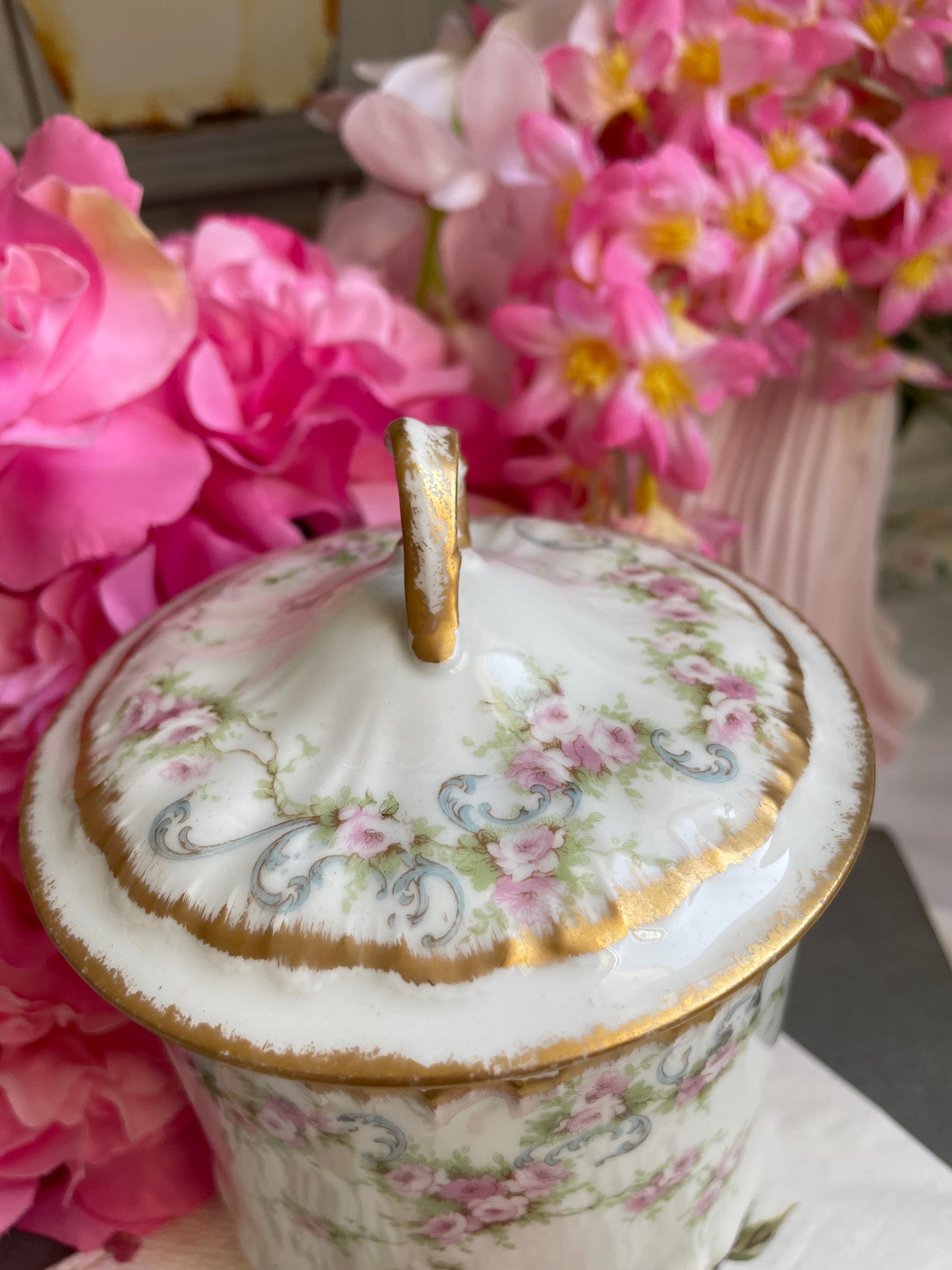 Pretty Antique French Limoges Roses Lidded Pot