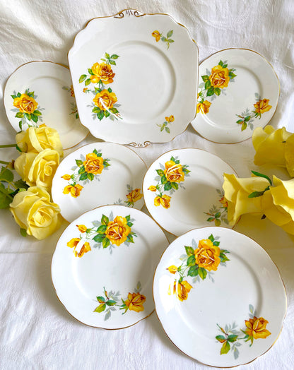 Set of  Seven Vintage Royal Stafford Yellow Roses Plates