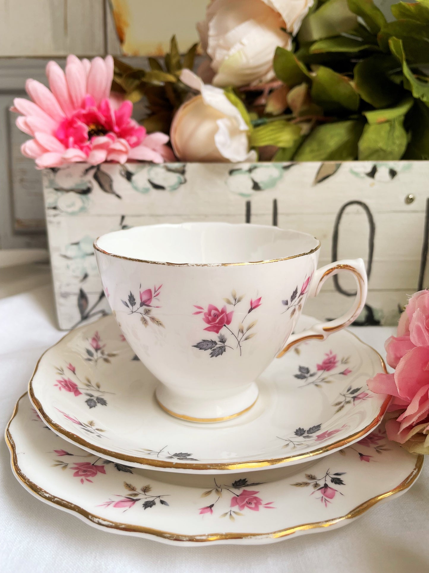 Royal Osborn Pink Roses Teacup, Saucer and Tea Plate