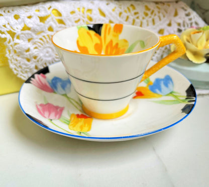 Tulip Paragon Hand Painted Art Deco Coffee Cup Trio