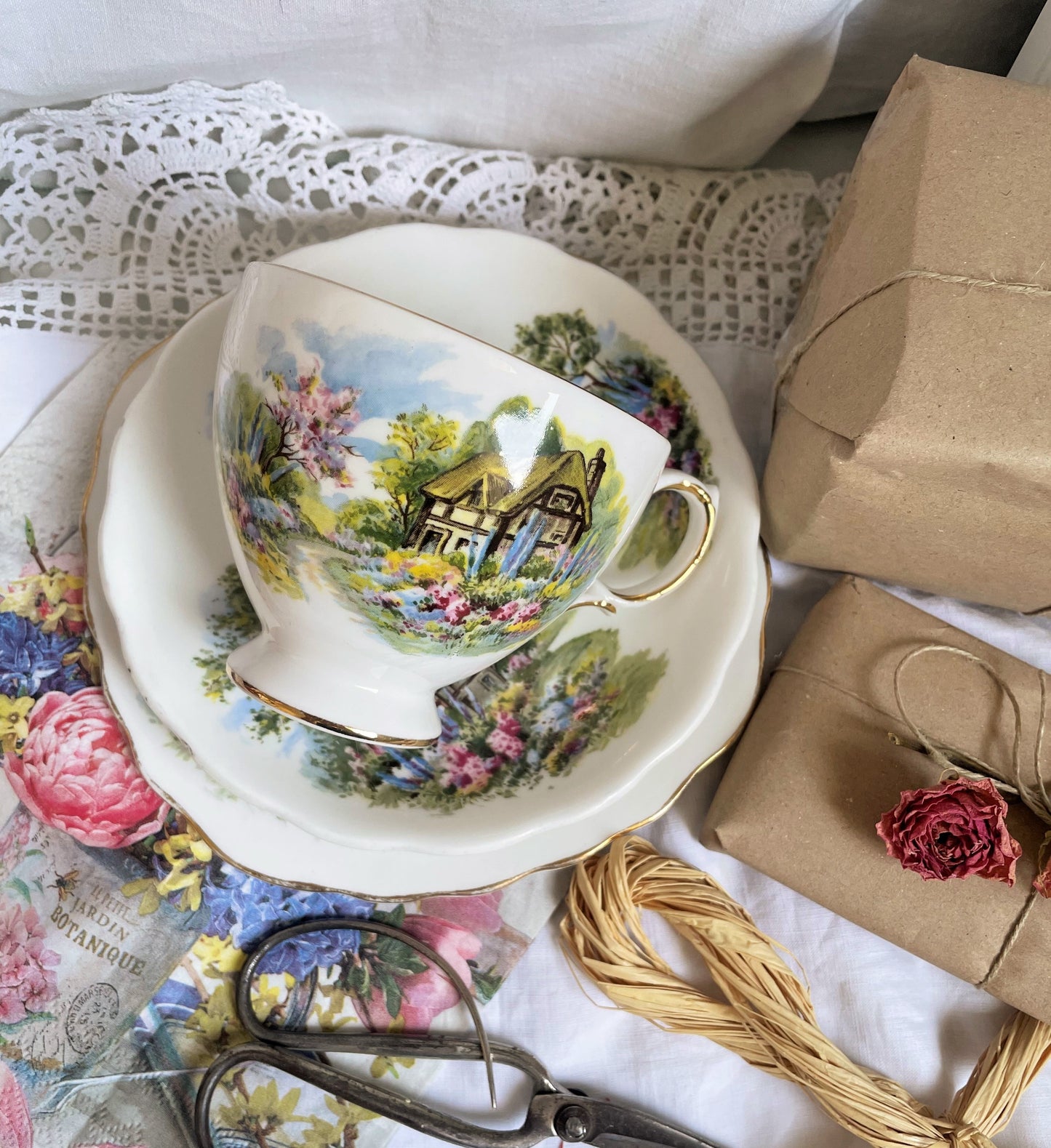 Vintage Country Cottage Teacup, Saucer and Tea Plate Trio