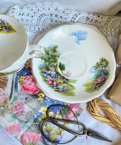 Vintage Country Cottage Teacup, Saucer and Tea Plate Trio