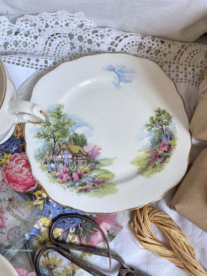 Vintage Country Cottage Teacup, Saucer and Tea Plate Trio