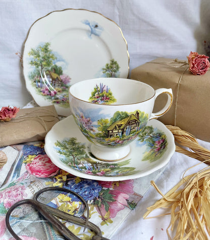 Vintage Country Cottage Teacup, Saucer and Tea Plate Trio