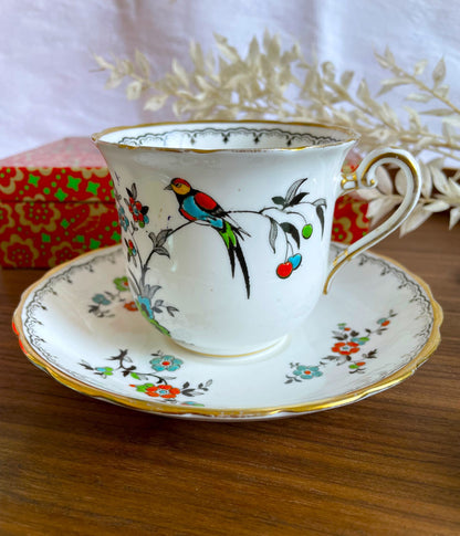 Art Deco Tuscan China Bird Teacup and Saucer Duo