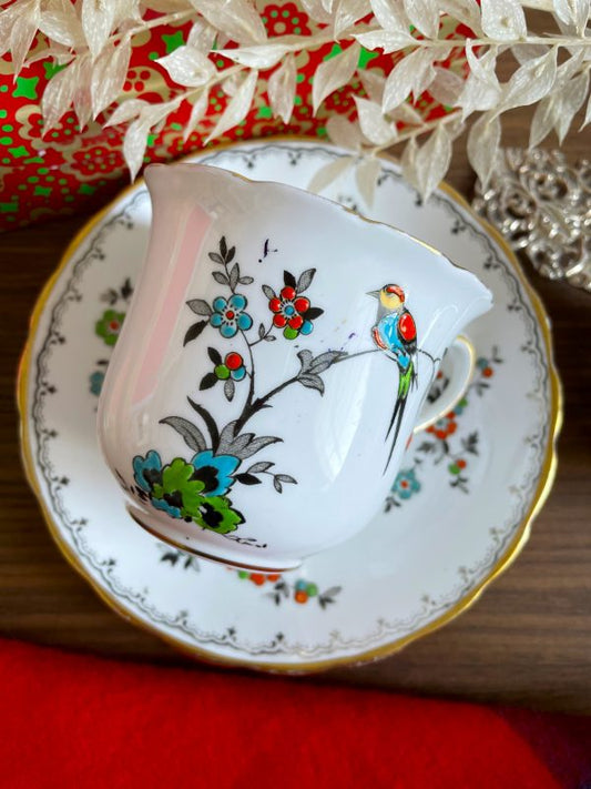 Art Deco Tuscan China Bird Teacup and Saucer Duo