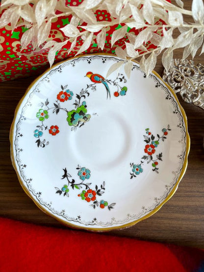 Art Deco Tuscan China Bird Teacup and Saucer Duo